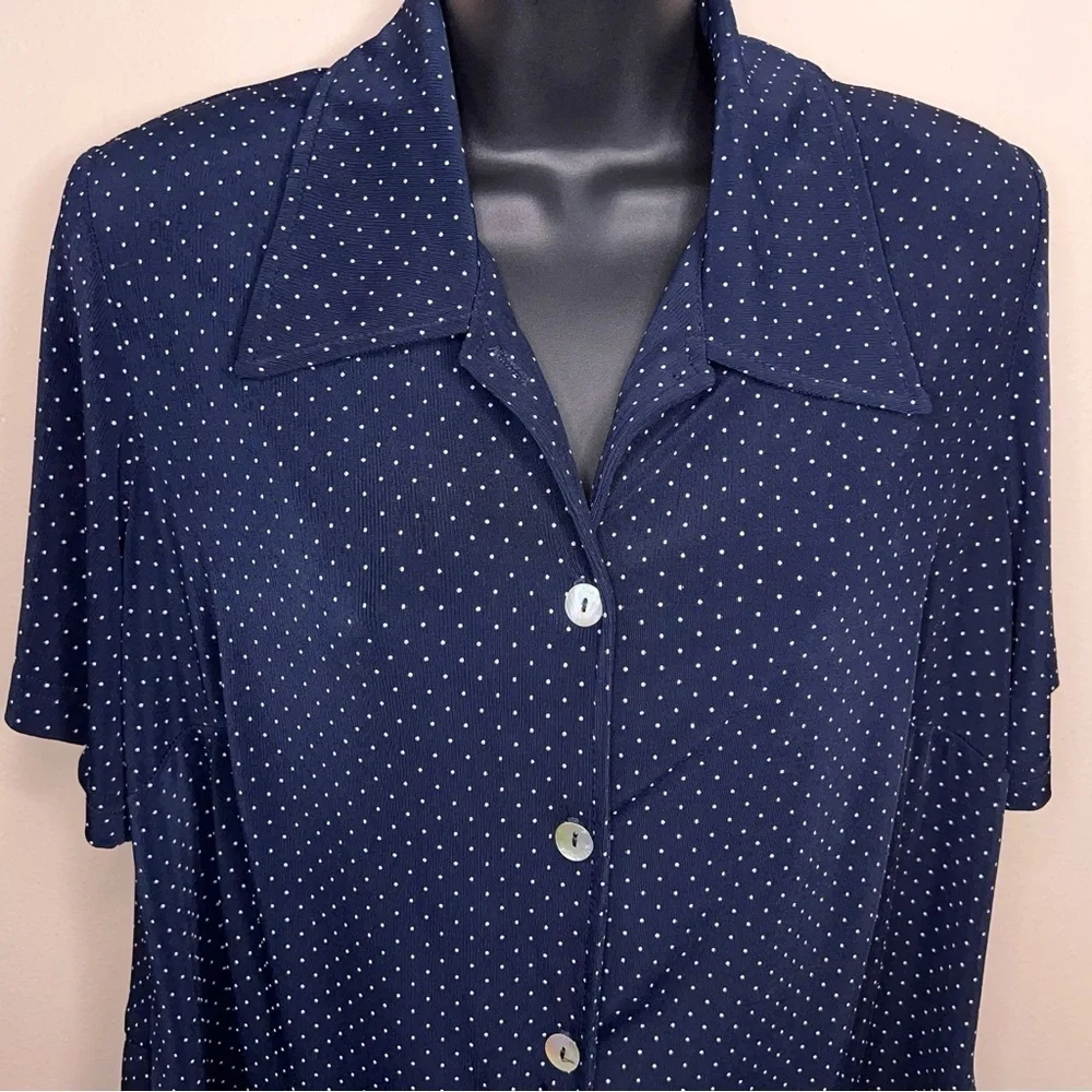 Vintage Medium Ronni Nicole Blue White Dot Print Short Sleeve Stretch Retro